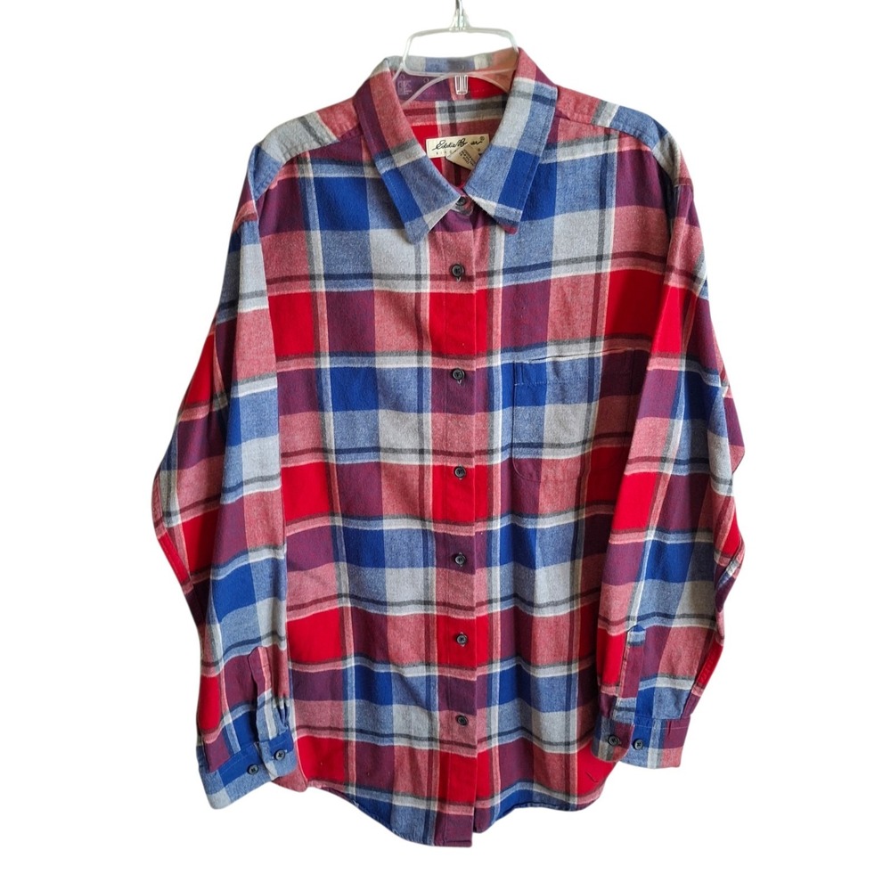 Vintage Eddie Bauer Flannel Shirt Womens XL Tall Ultralong Red Blue Plaid Cotton